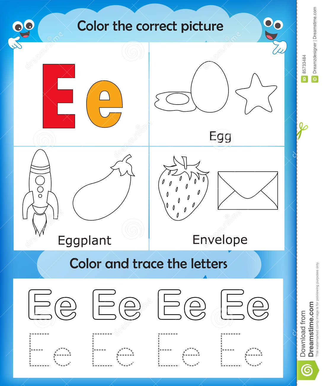 Alphabet Learning And Color Letter E Stock Illustration intended for E Letter Worksheets Kindergarten