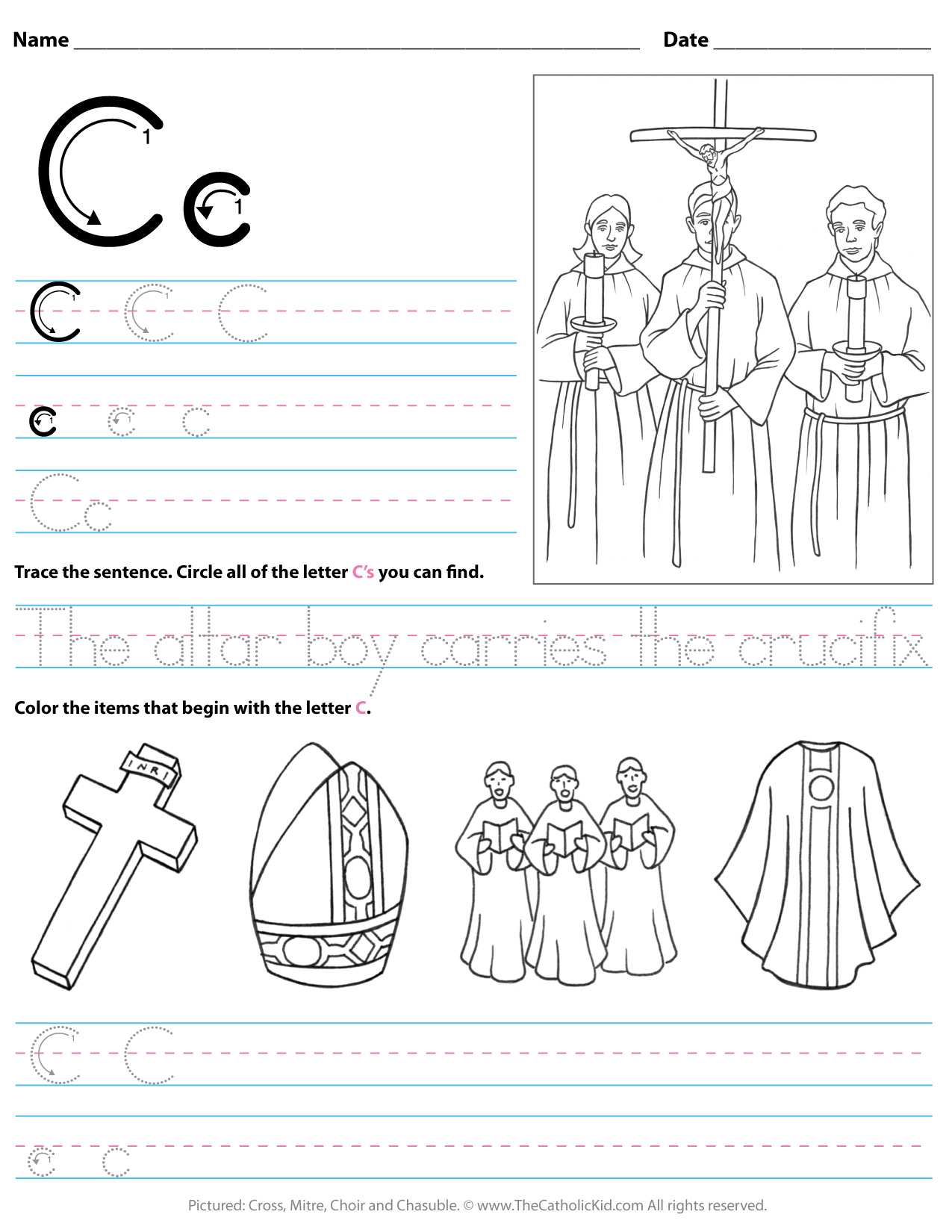 Catholic Alphabet Letter C Worksheet Preschool Kindergarten in A Letter Worksheets Kindergarten