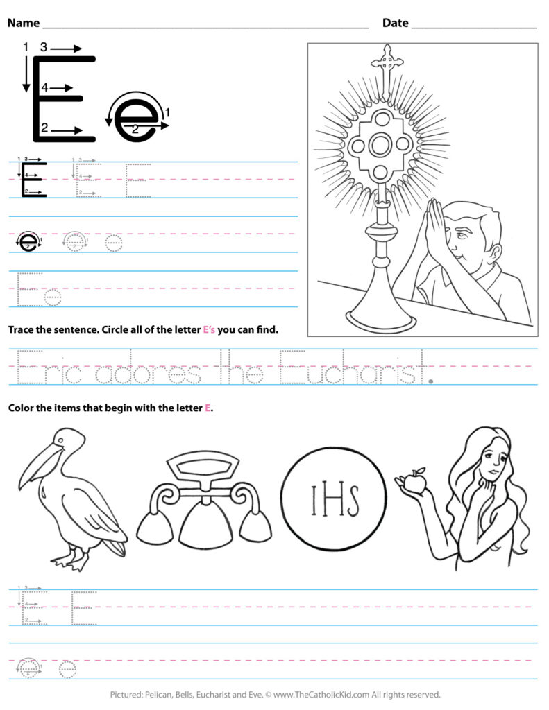 Catholic Alphabet Letter E Worksheet Preschool Kindergarten For Letter E Worksheets For Preschool