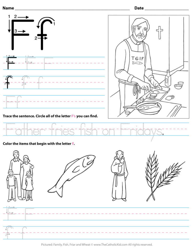 Catholic Alphabet Letter F Worksheet Preschool Kindergarten Inside F Letter Worksheets Preschool