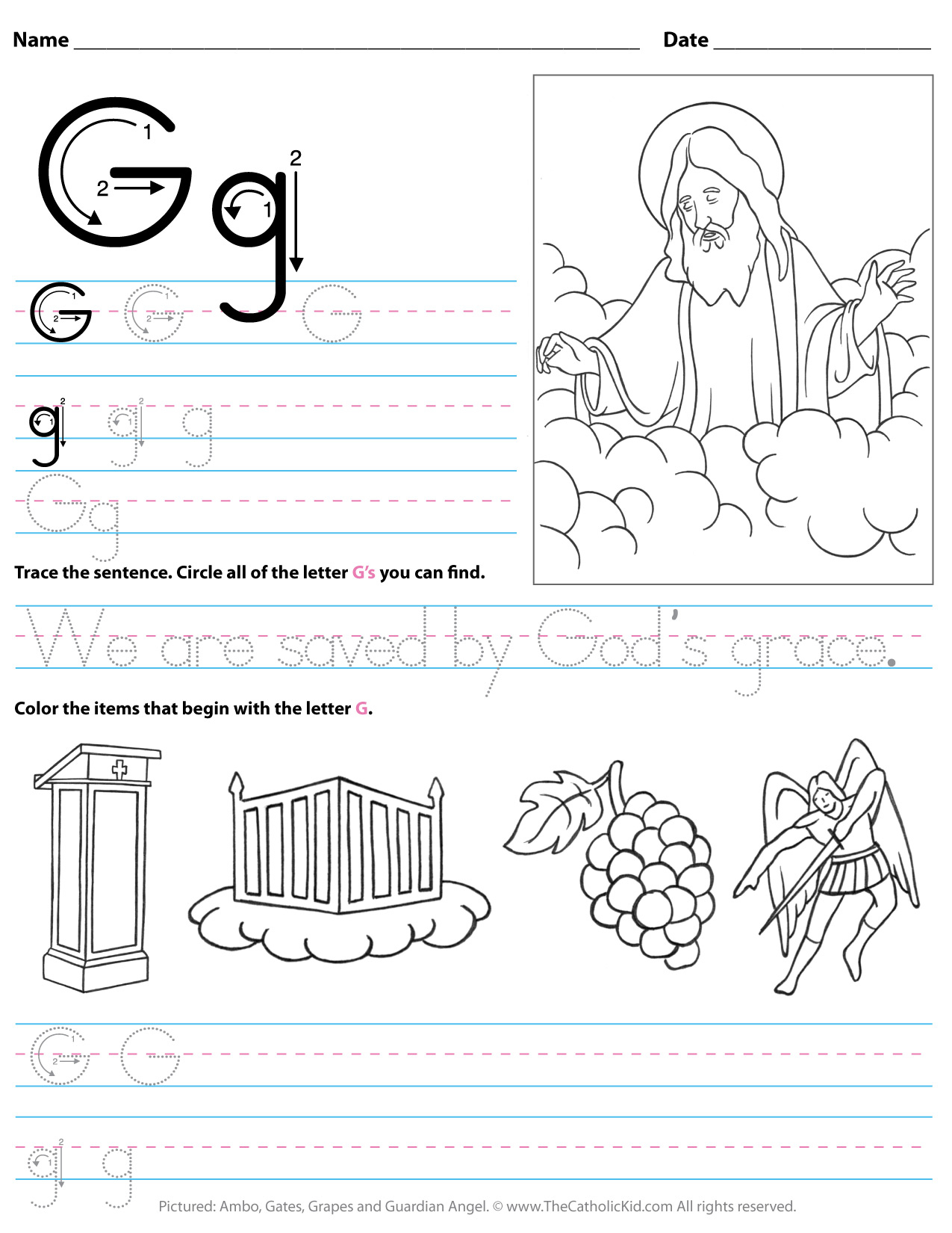 Catholic Alphabet Letter G Worksheet Preschool Kindergarten regarding Letter G Worksheets For Preschool