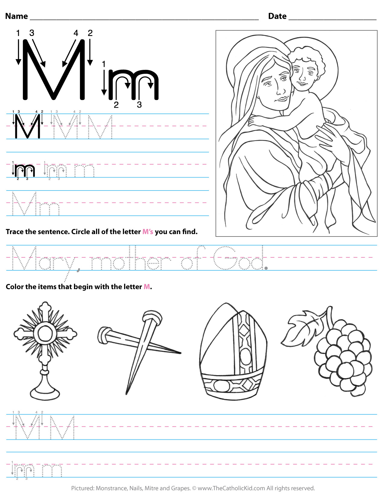 Catholic Alphabet Letter M Worksheet Preschool Kindergarten with Letter M Worksheets For Preschoolers