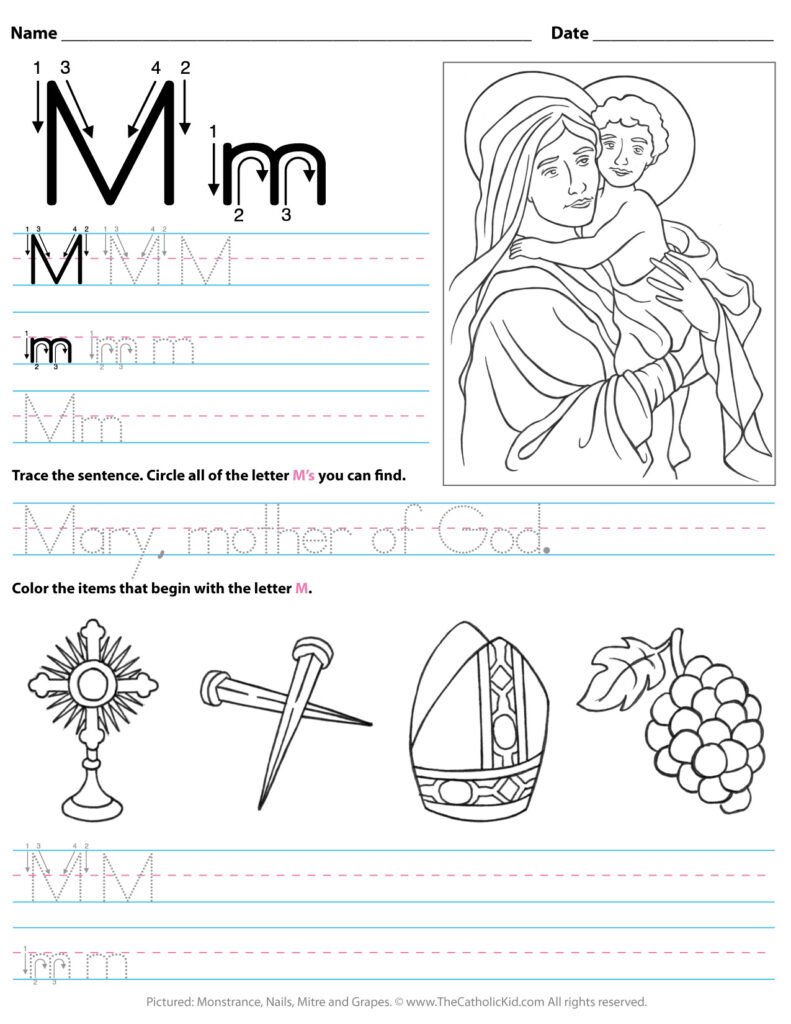 Catholic Alphabet Letter M Worksheet Preschool Kindergarten Within Letter M Worksheets For Kinder