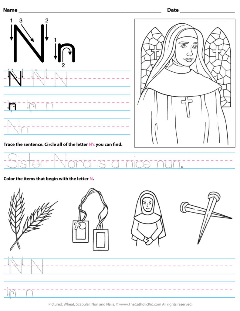 Catholic Alphabet Letter N Worksheet Preschool Kindergarten With Letter N Worksheets For Kindergarten