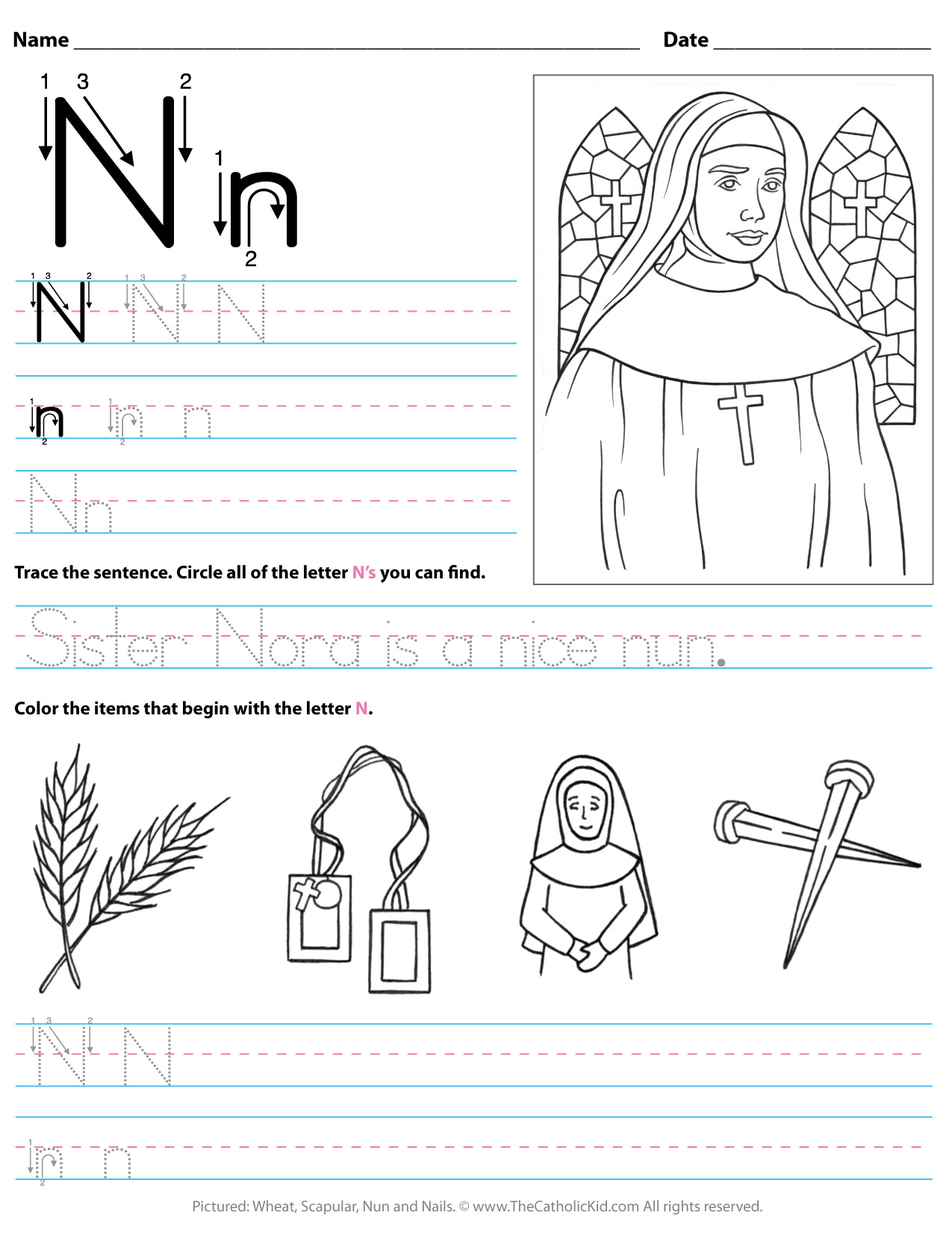 Catholic Alphabet Letter N Worksheet Preschool Kindergarten with Letter N Worksheets For Kindergarten