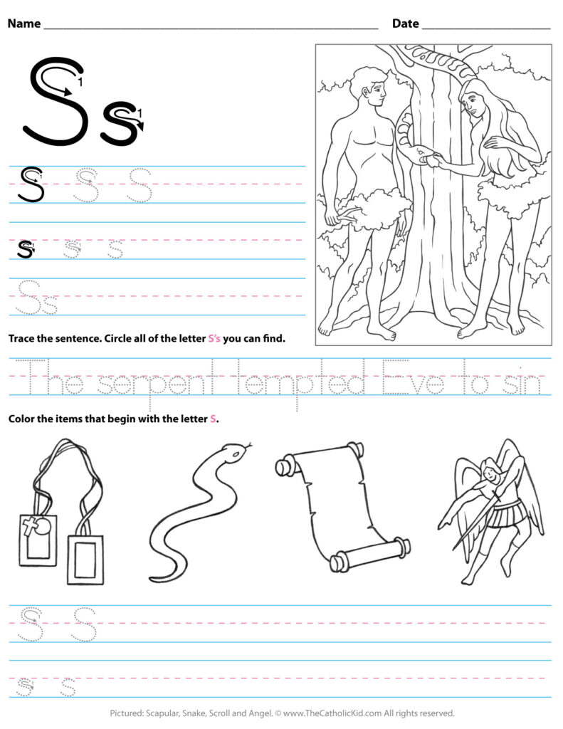 Catholic Alphabet Letter S Worksheet Preschool Kindergarten In Letter S Worksheets Preschool