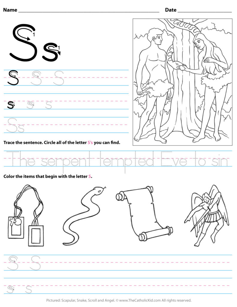 Catholic Alphabet Letter S Worksheet Preschool Kindergarten Intended For A Letter Worksheets Kindergarten