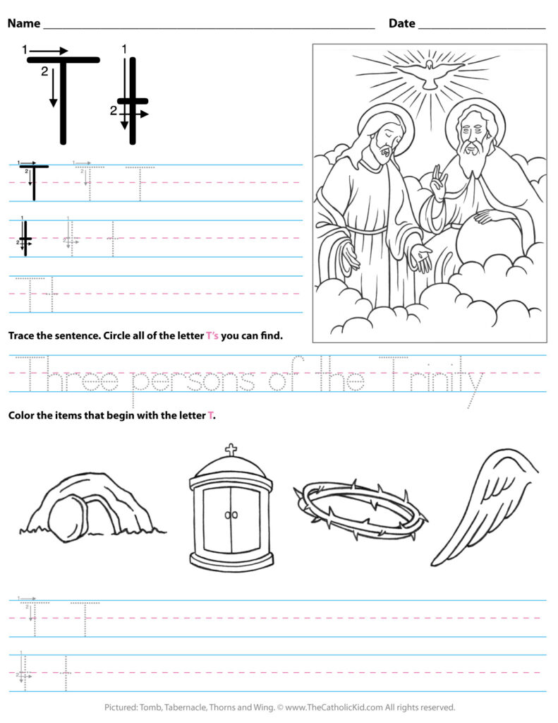 Catholic Alphabet Letter T Worksheet Preschool Kindergarten Regarding Letter T Worksheets Prek