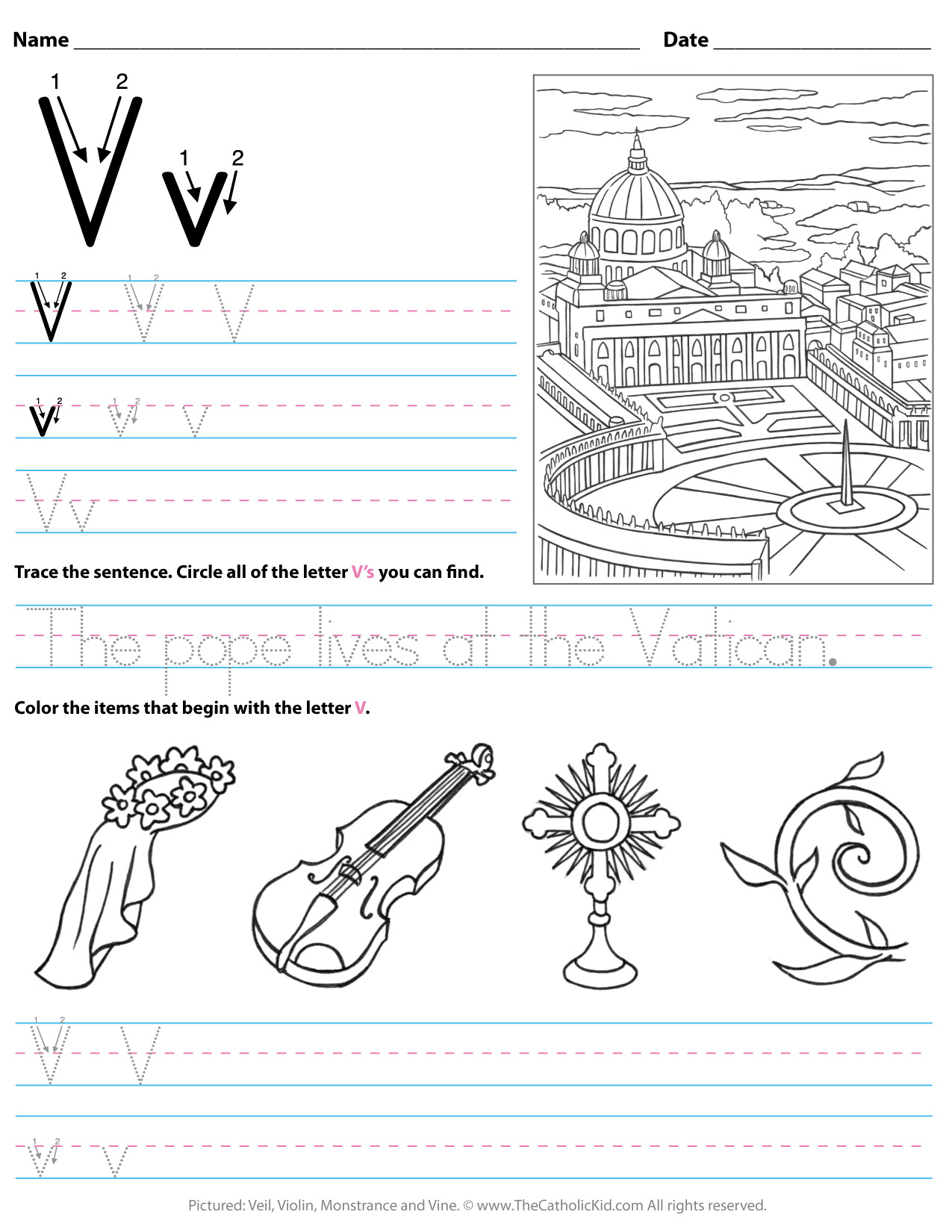 Catholic Alphabet Letter V Worksheet Preschool Kindergarten within Letter V Worksheets For Kindergarten