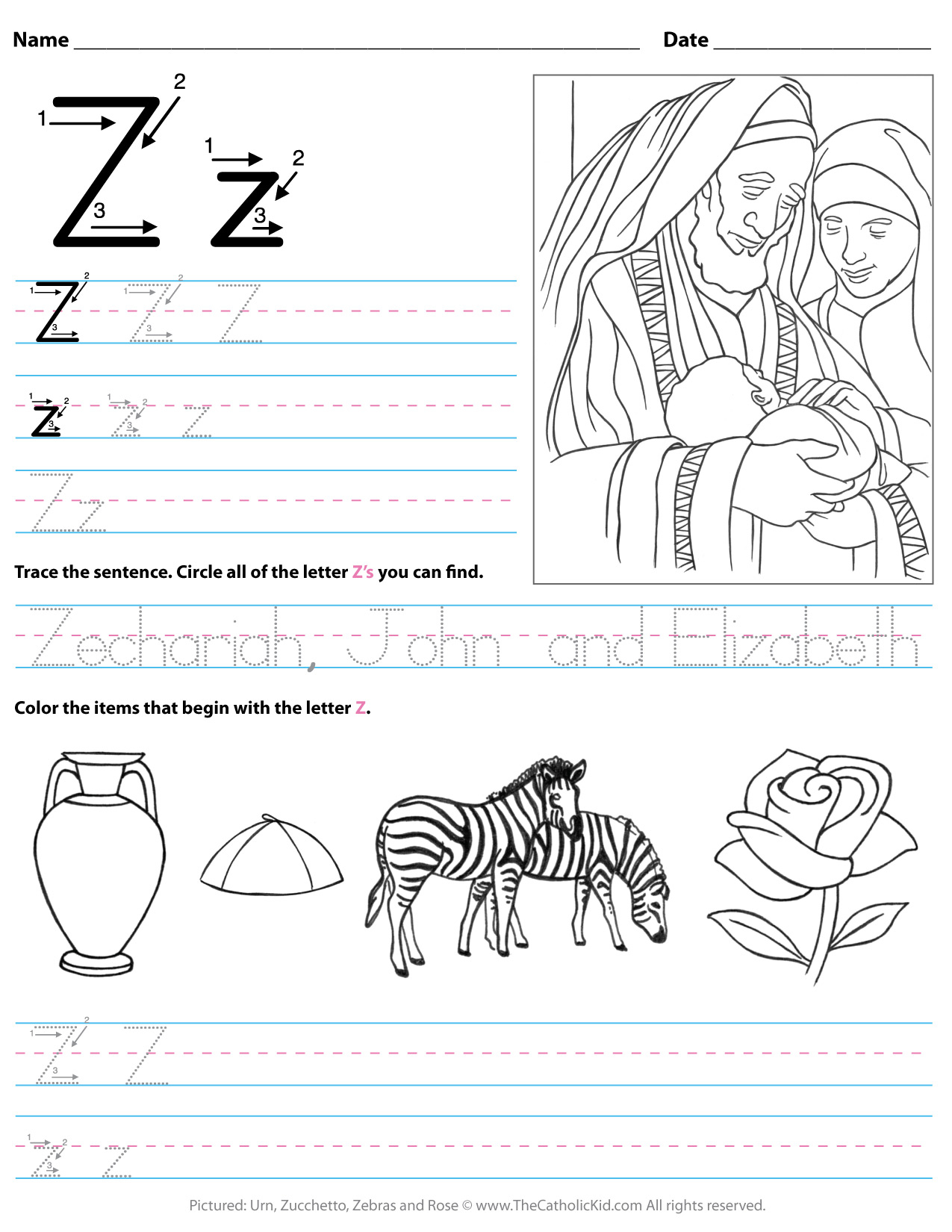 Catholic Alphabet Letter Z Worksheet Preschool Kindergarten pertaining to Letter Z Worksheets For Preschool