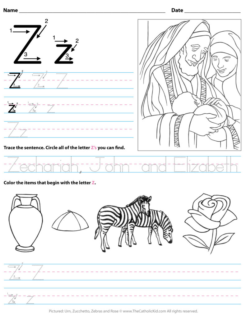 Catholic Alphabet Letter Z Worksheet Preschool Kindergarten With Letter Z Worksheets For Kindergarten