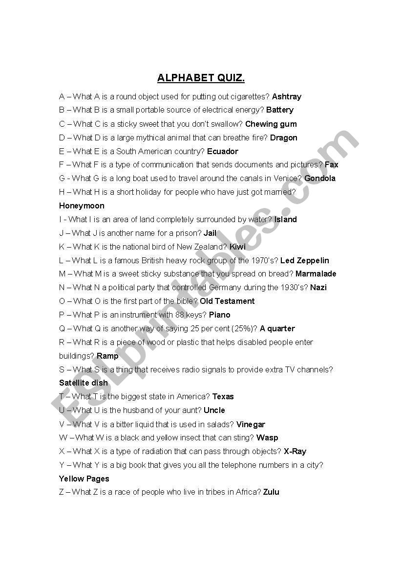 English Worksheets: A-Z Alphabet Quiz in Alphabet Quiz Worksheets