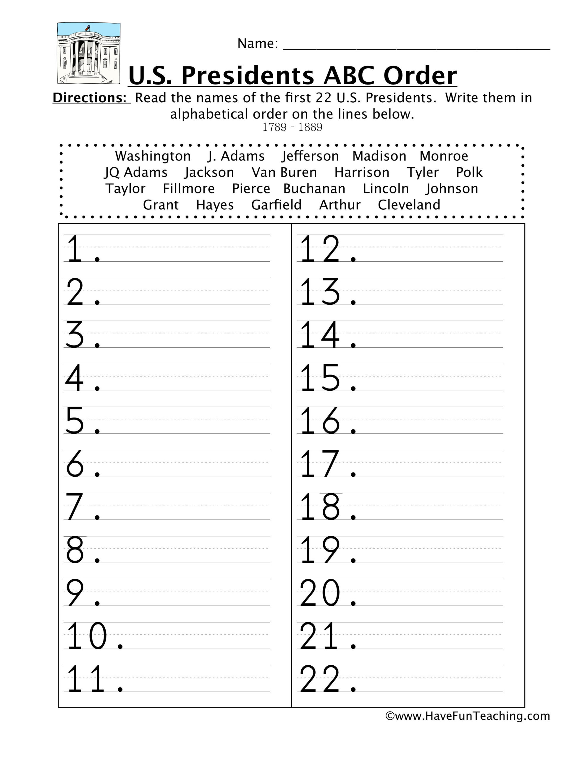 First Half Presidents Alphabetical Order Worksheet | Have Fun within Alphabet Order Worksheets For Kindergarten