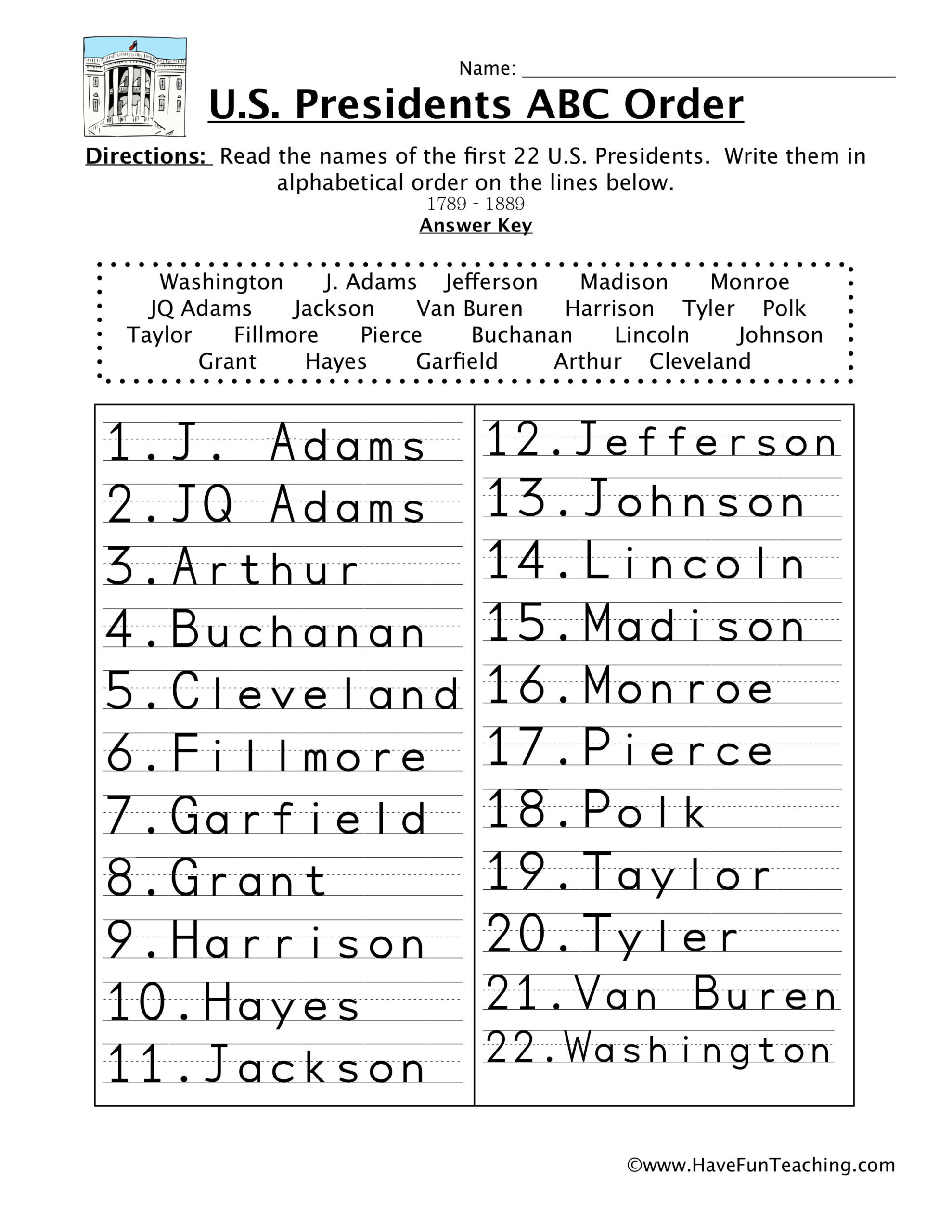 First Half Presidents Alphabetical Order Worksheet | Have intended for Alphabet Order Worksheets For Kindergarten