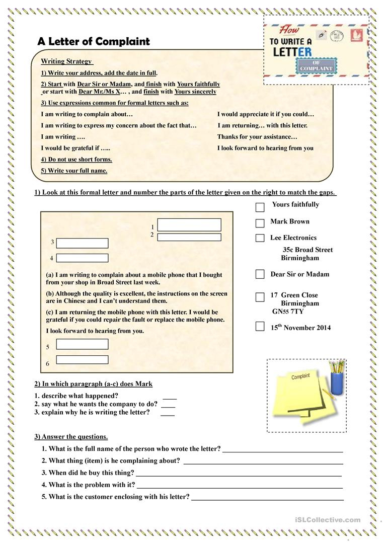 How To Write A Letter Of Complaint - English Esl Worksheets throughout Alphabet Worksheets Esl Pdf