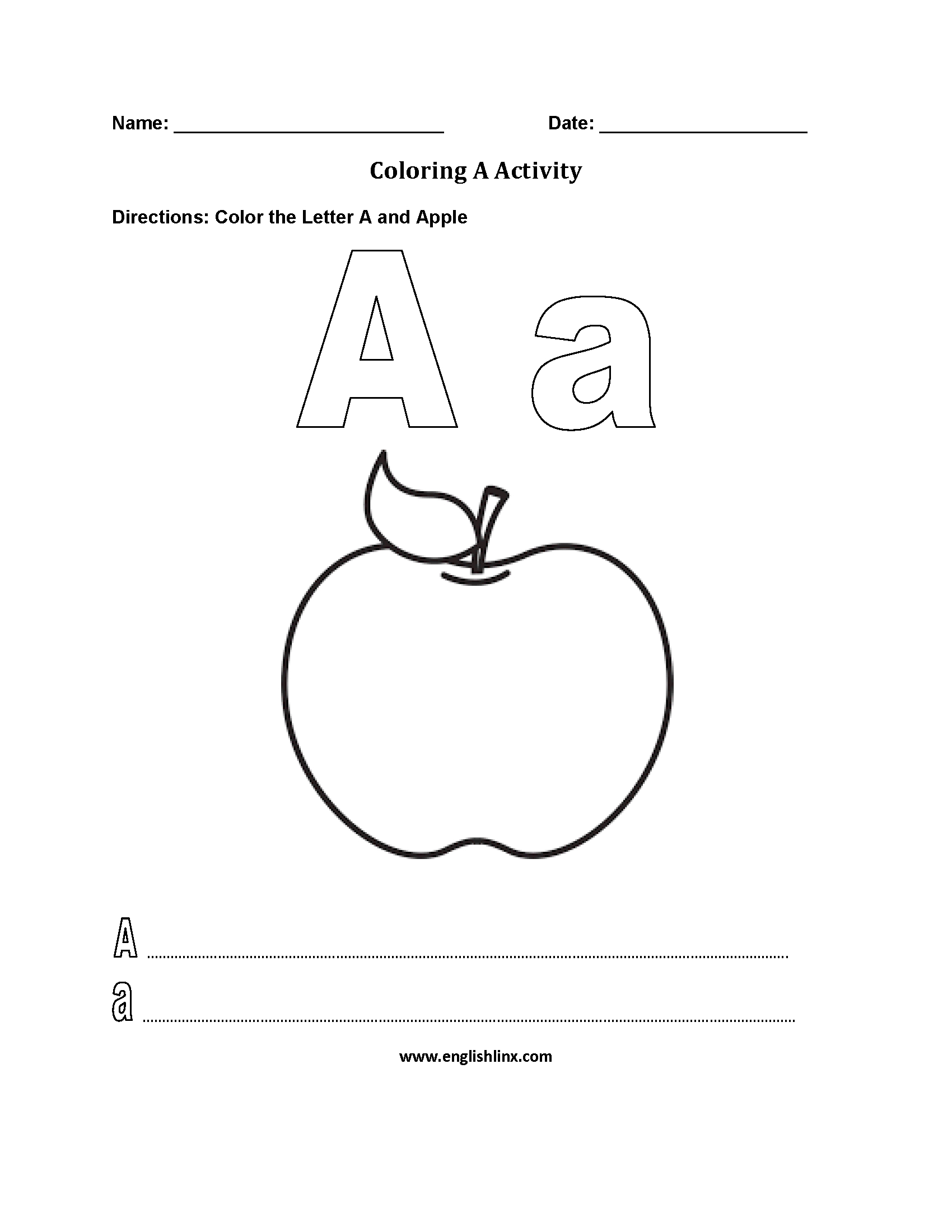 Letter A Alphabet Coloring Pages Worksheets | Afrikaans for Letter A Alphabet Worksheets