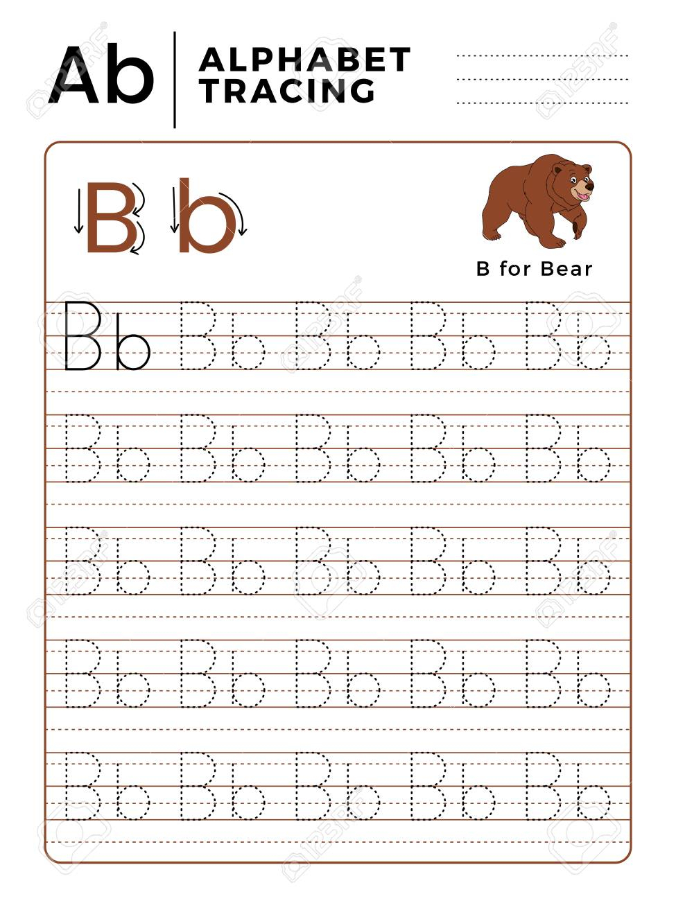Letter B Alphabet Tracing Book With Example And Funny Bear Cartoon inside Alphabet Tracing Worksheets B