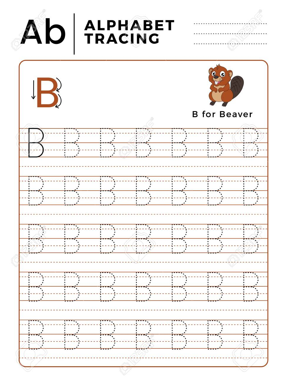 Letter B Alphabet Tracing Book With Example And Funny Beaver.. regarding Alphabet Tracing Worksheets B