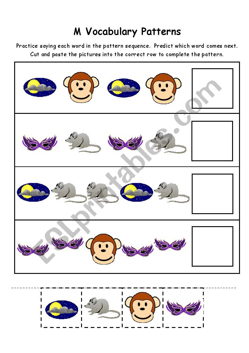 Letter M Vocabulary Patterns - Esl Worksheet1Consumed in Letter M Worksheets Cut And Paste