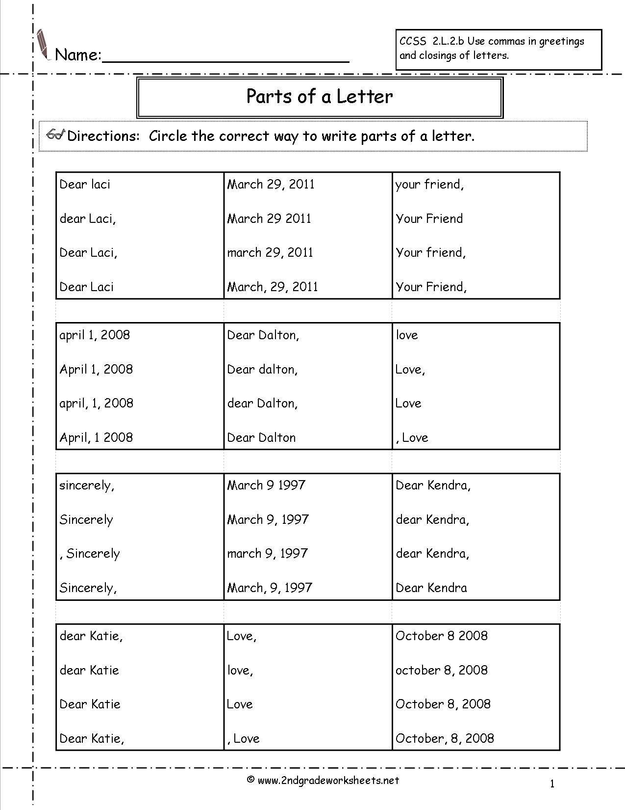 Letters And Parts Of A Letter Worksheet pertaining to Letter Writing Worksheets For Grade 3