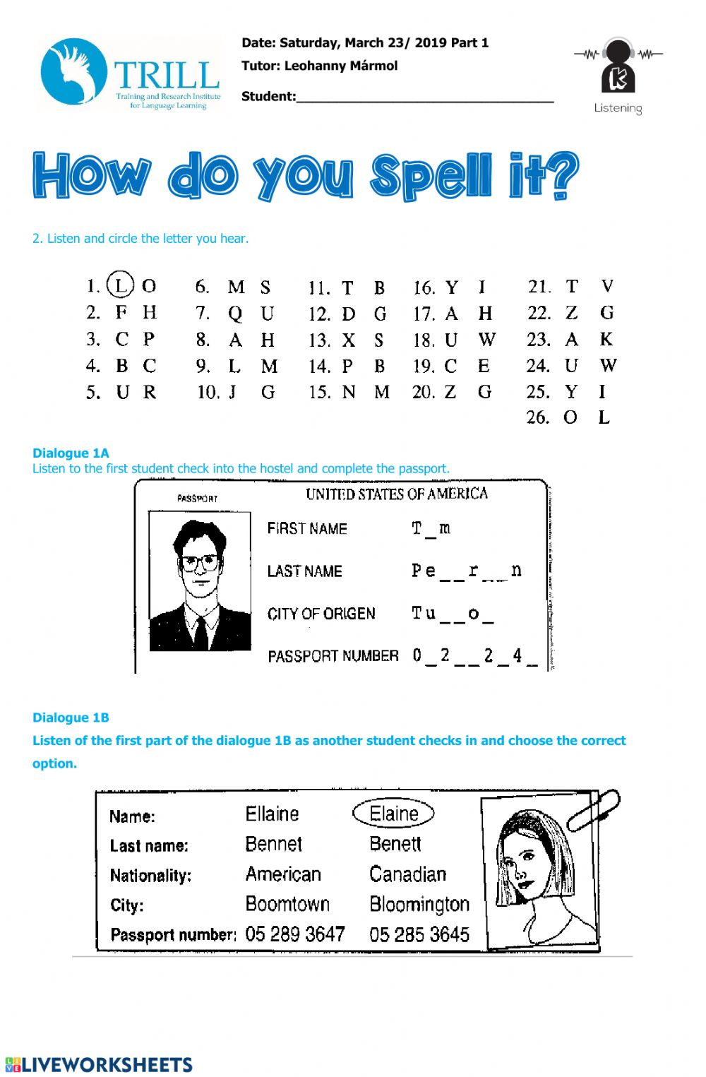 Listening Spelling Alphabet - Interactive Worksheet for Alphabet Spelling Worksheets