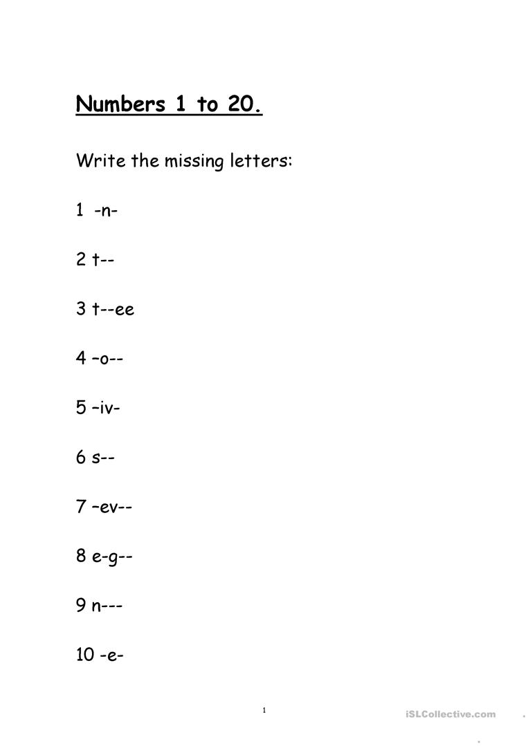 Numbers 1 To 20. Fill The Missing Letters - English Esl regarding Letter 1 Worksheets