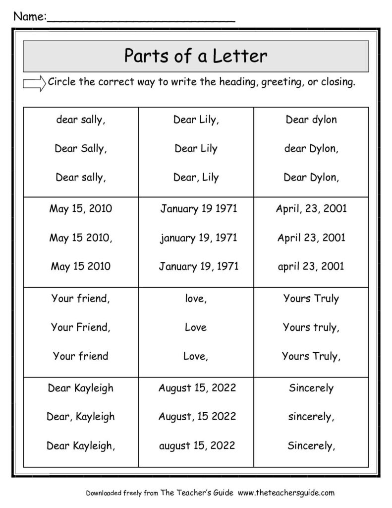 Parts Of A Friendly Letter Worksheet | Friendly Letter For Letter Writing Worksheets For Grade 3