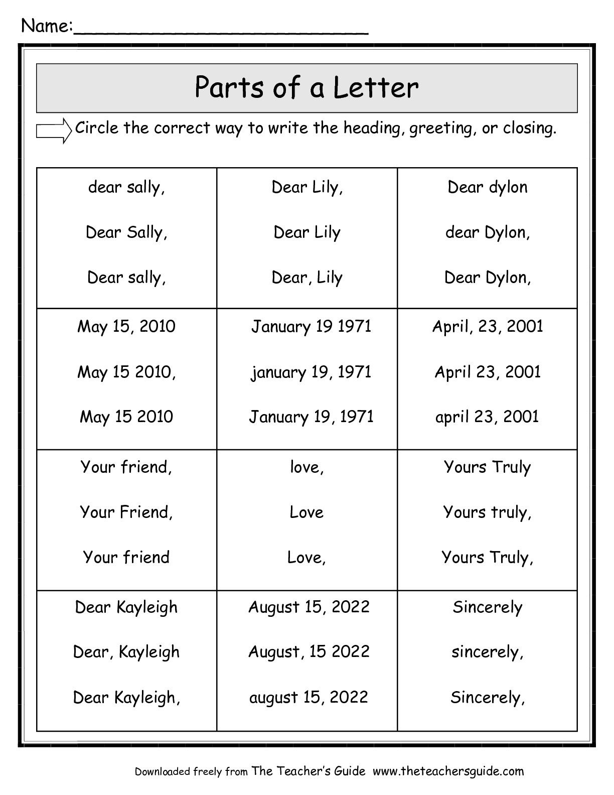 Parts Of A Friendly Letter Worksheet | Friendly Letter for Letter Writing Worksheets For Grade 3