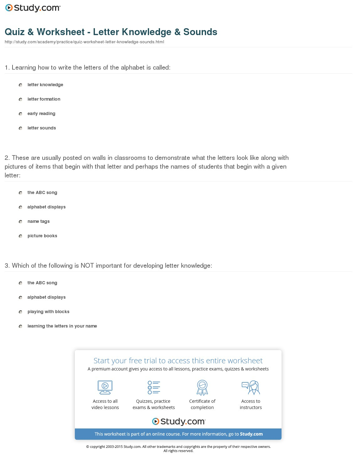 Quiz &amp;amp; Worksheet - Letter Knowledge &amp;amp; Sounds | Study inside Alphabet Quiz Worksheets