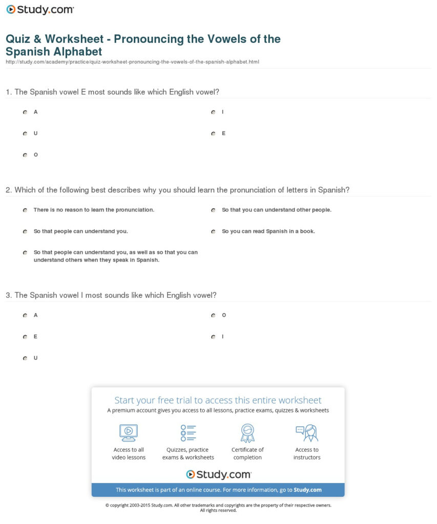 Quiz & Worksheet   Pronouncing The Vowels Of The Spanish With Regard To Alphabet Exercises In Spanish