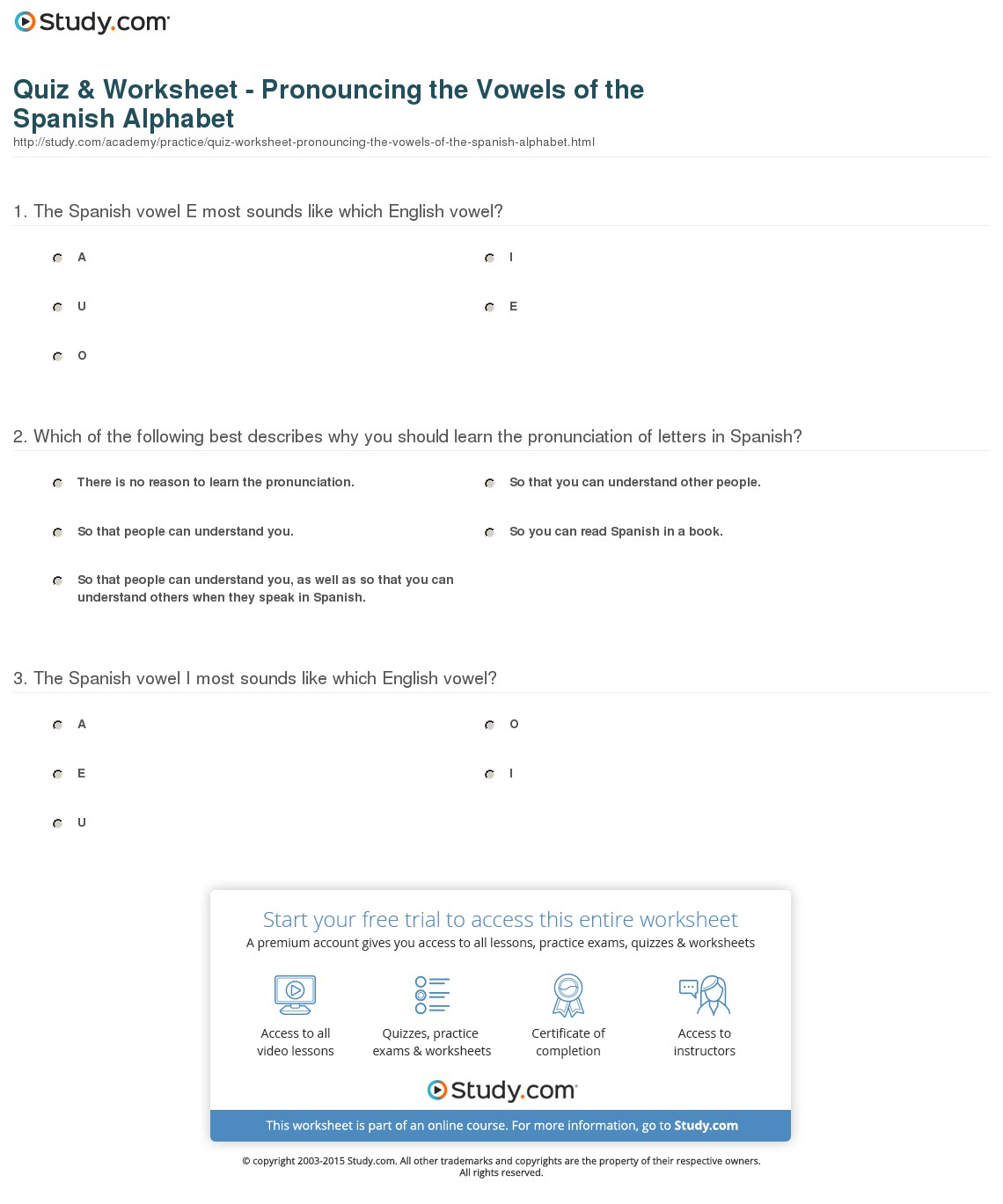 Quiz &amp;amp; Worksheet - Pronouncing The Vowels Of The Spanish with regard to Alphabet Exercises In Spanish