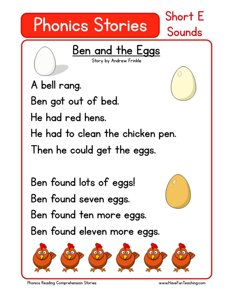 Reading Comprehension Worksheet   Ben And The Eggs | Reading For Alphabet Stories Worksheets