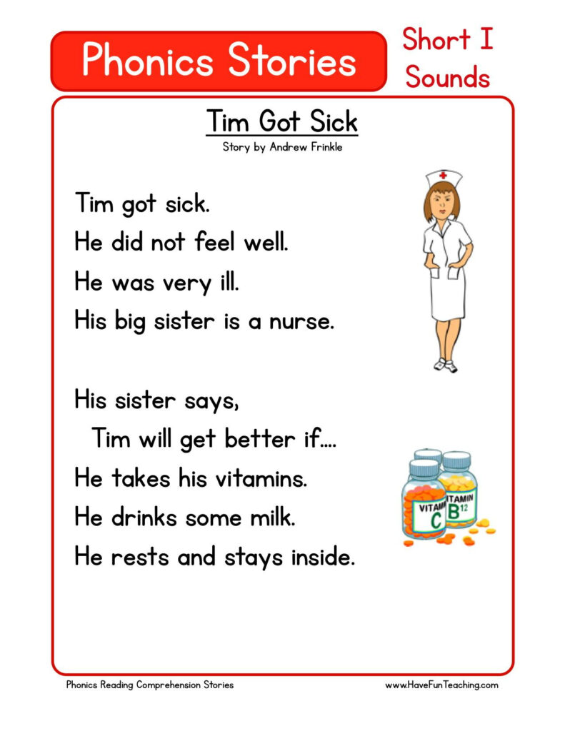 Reading Comprehension Worksheet   Tim Got Sick | Reading With Regard To Alphabet Stories Worksheets