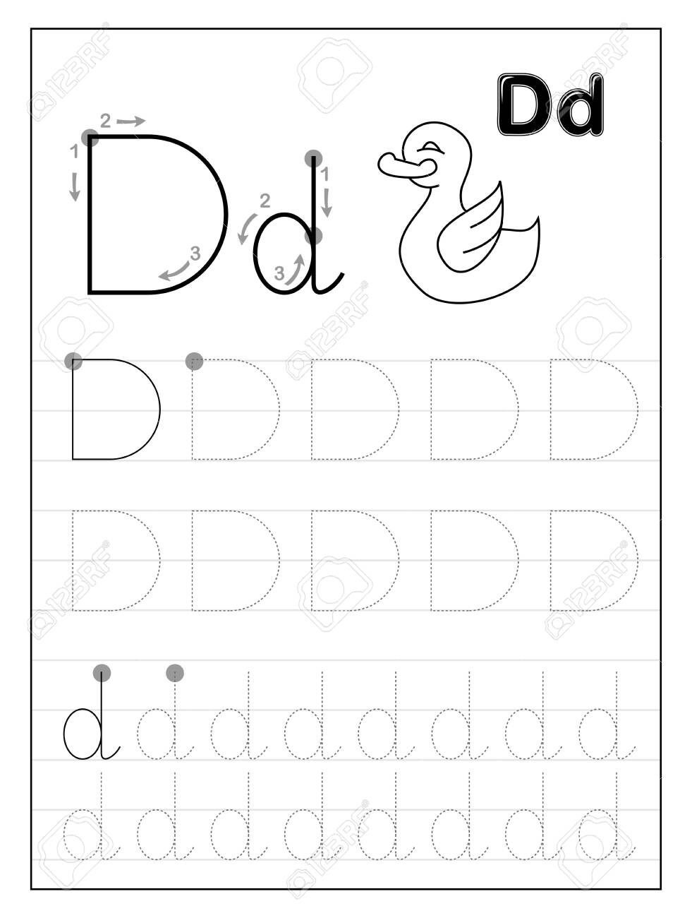Tracing Alphabet Letter D. Black And White Educational Pages.. intended for D Letter Worksheets