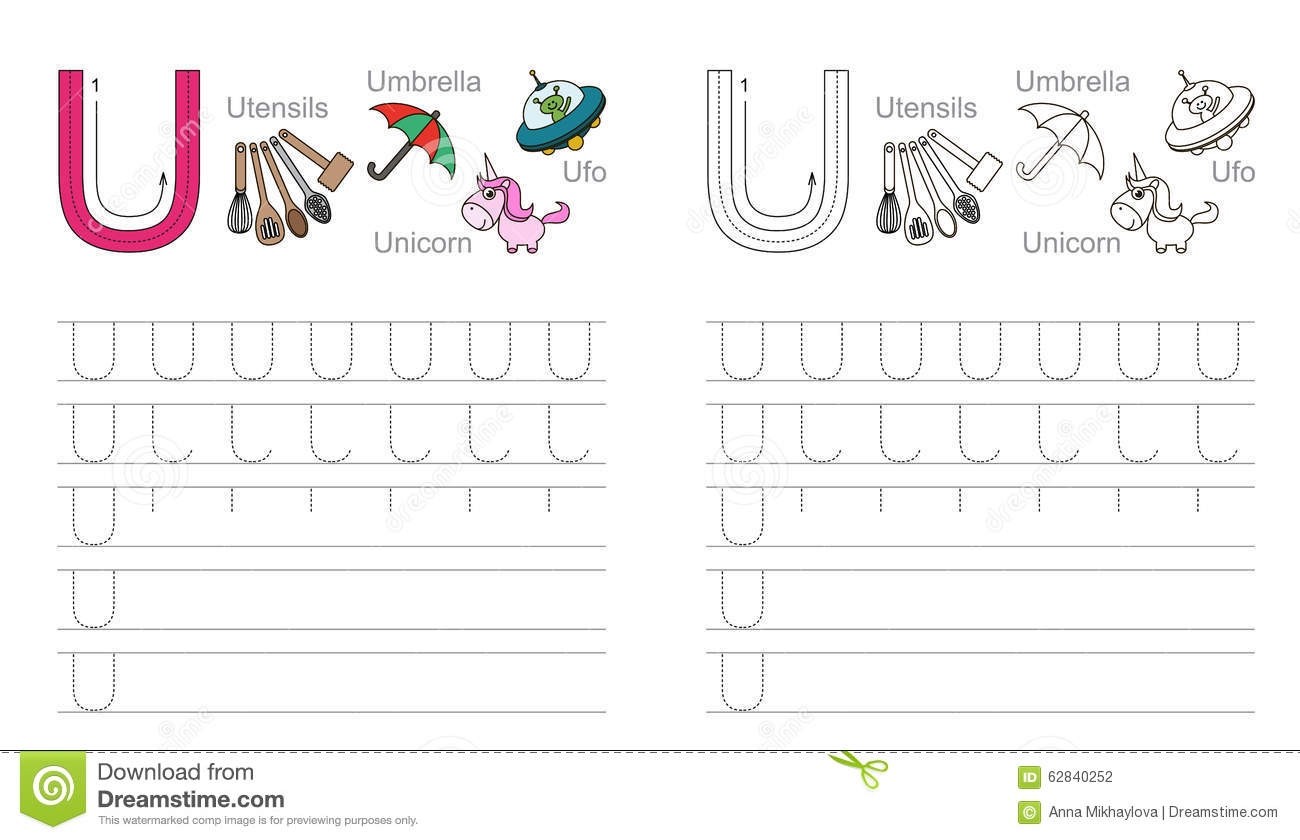 Tracing Worksheet For Letter U Stock Vector - Illustration with Letter U Worksheets Handwriting Kindergarten