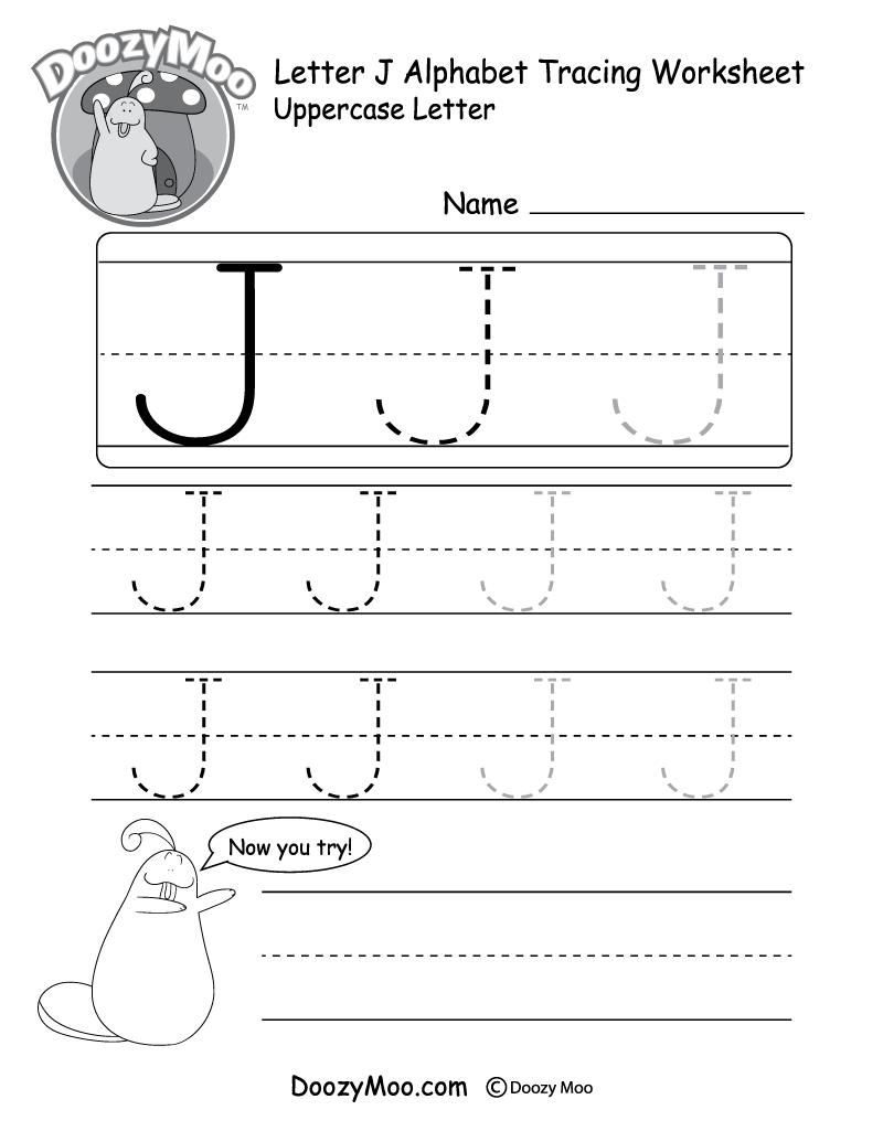 Uppercase Letter J Tracing Worksheet - Doozy Moo pertaining to Letter J Worksheets