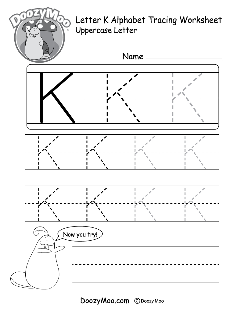 Uppercase Letter K Tracing Worksheet - Doozy Moo in Letter K Worksheets Pdf