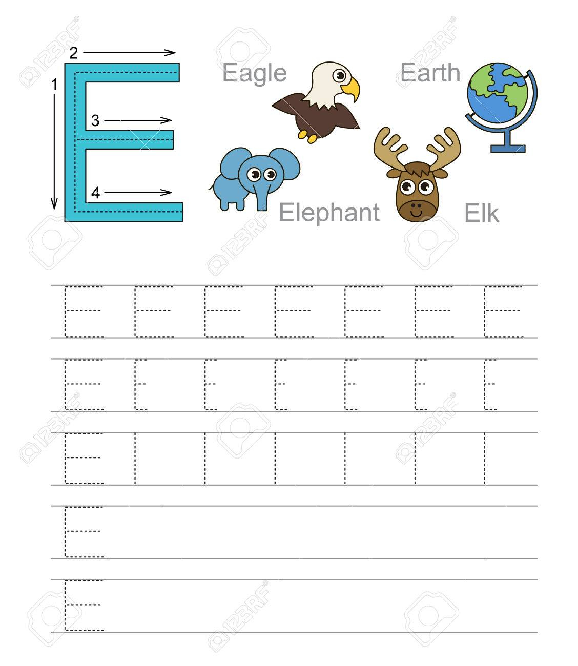 Vector Exercise Illustrated Alphabet. Learn Handwriting. Tracing.. regarding Letter E Alphabet Worksheets