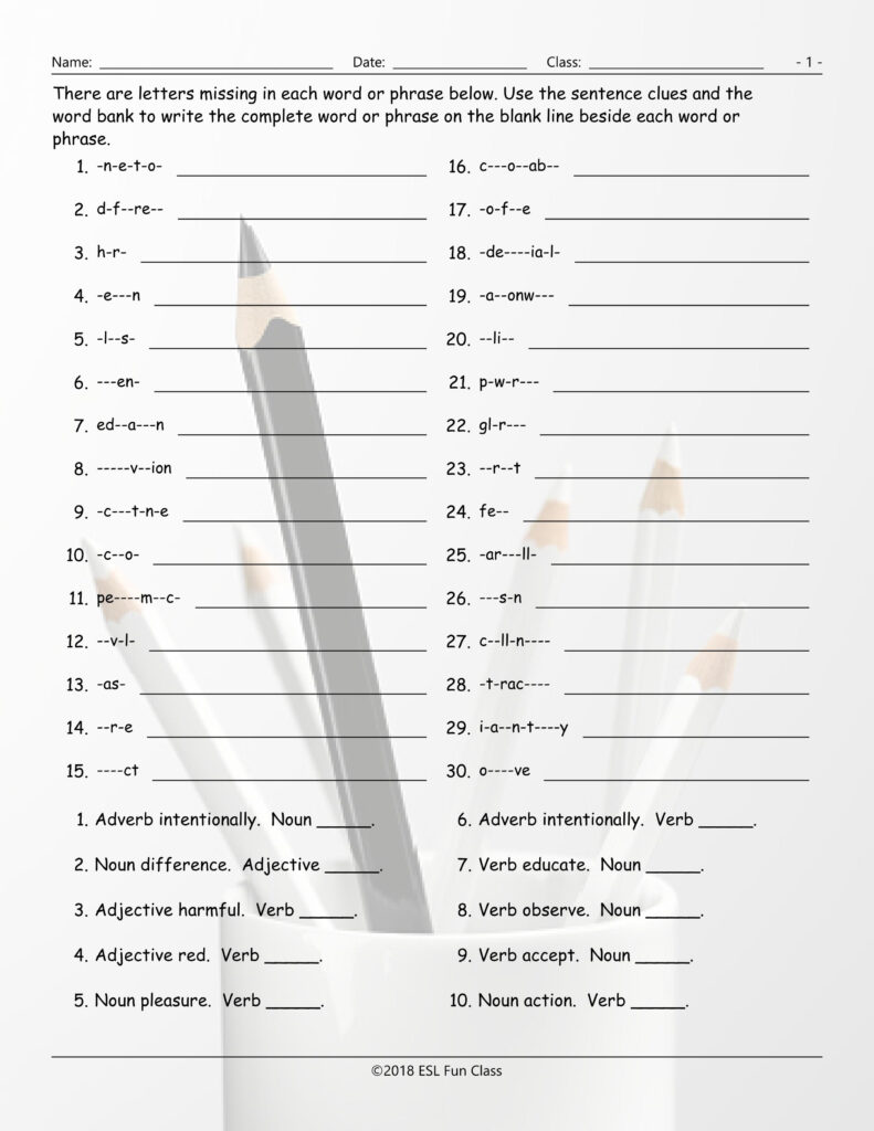 Word Forms Missing Letters Worksheet Esl Fun Games Have Fun! Intended For Alphabet Jumble Worksheets