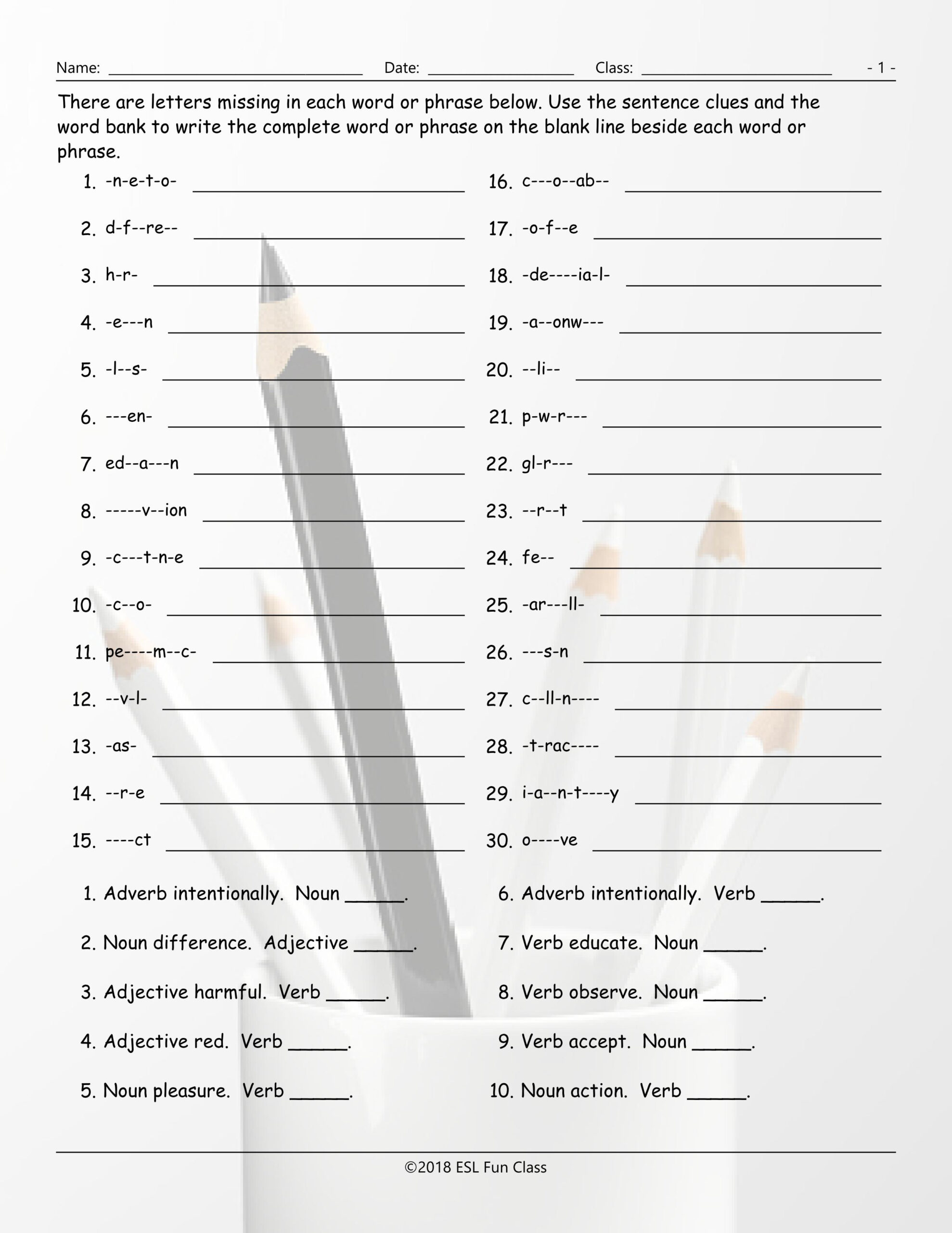 Word Forms Missing Letters Worksheet-Esl Fun Games-Have Fun! intended for Alphabet Jumble Worksheets