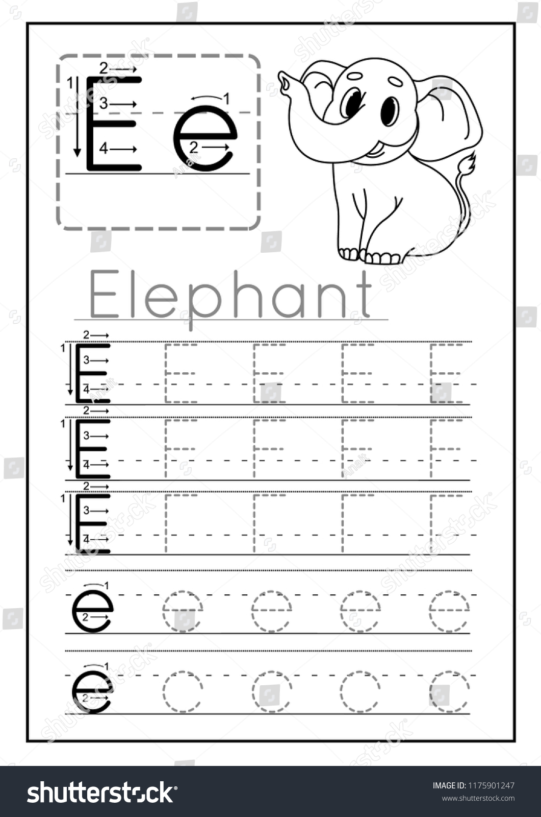 Writing Practice Letter E Printable Worksheet Stock Vector inside Letter E Worksheets For Preschool