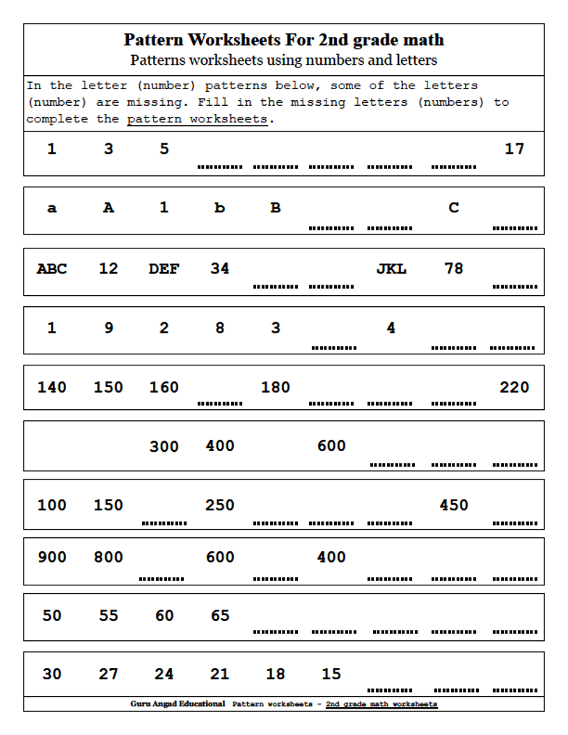 2Nd Grade Math - Patterns Worksheets Using Numbers And inside Grade 2 Alphabet Worksheets