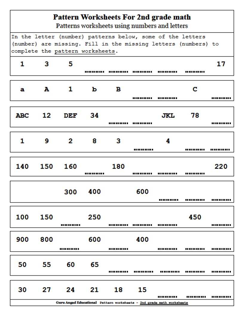 2Nd Grade Math - Patterns Worksheets Using Numbers And with Alphabet Worksheets Grade 2