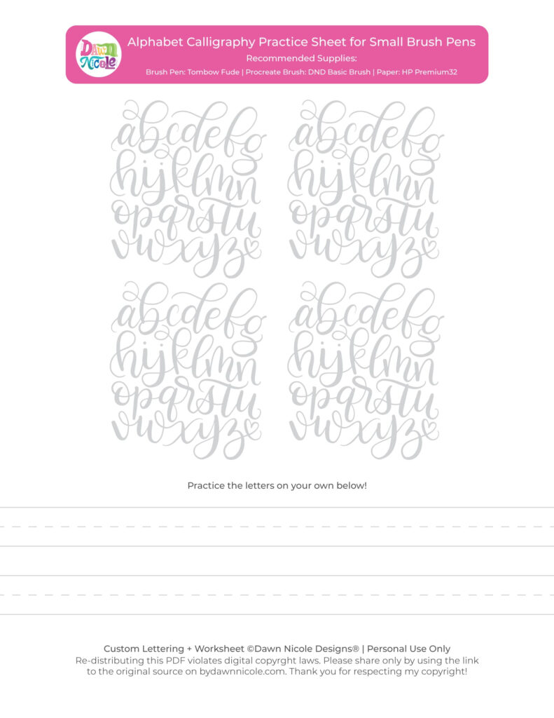 Alphabet Calligraphy Free Practice Sheets Dawn Nicole Throughout Alphabet Worksheets Brush Lettering