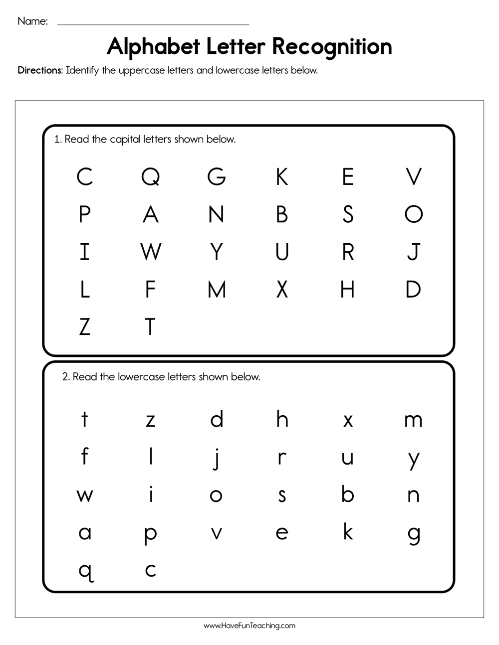 Alphabet Letter Recognition Assessment intended for Pre K Alphabet Review Worksheets