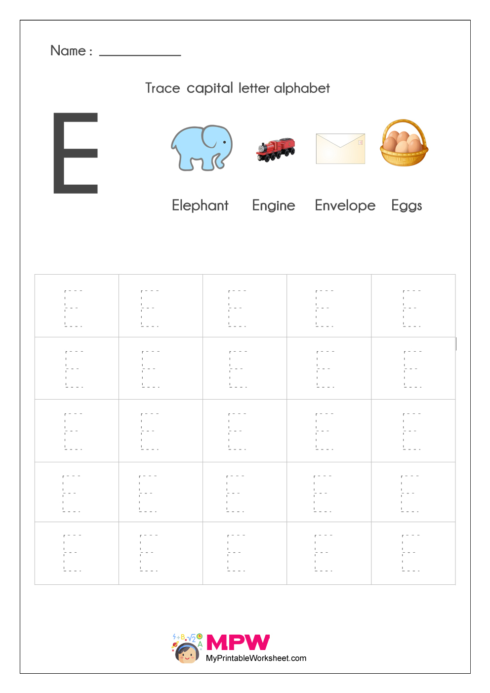 Alphabet Tracing Worksheets, Printable English Capital for Letter Tracing E