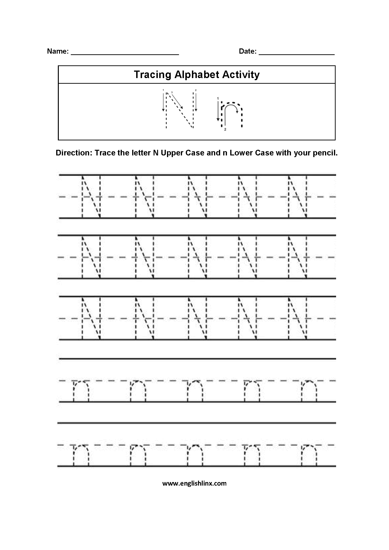 Alphabet Worksheets | Tracing Alphabet Worksheets for Letter N Tracing Worksheet