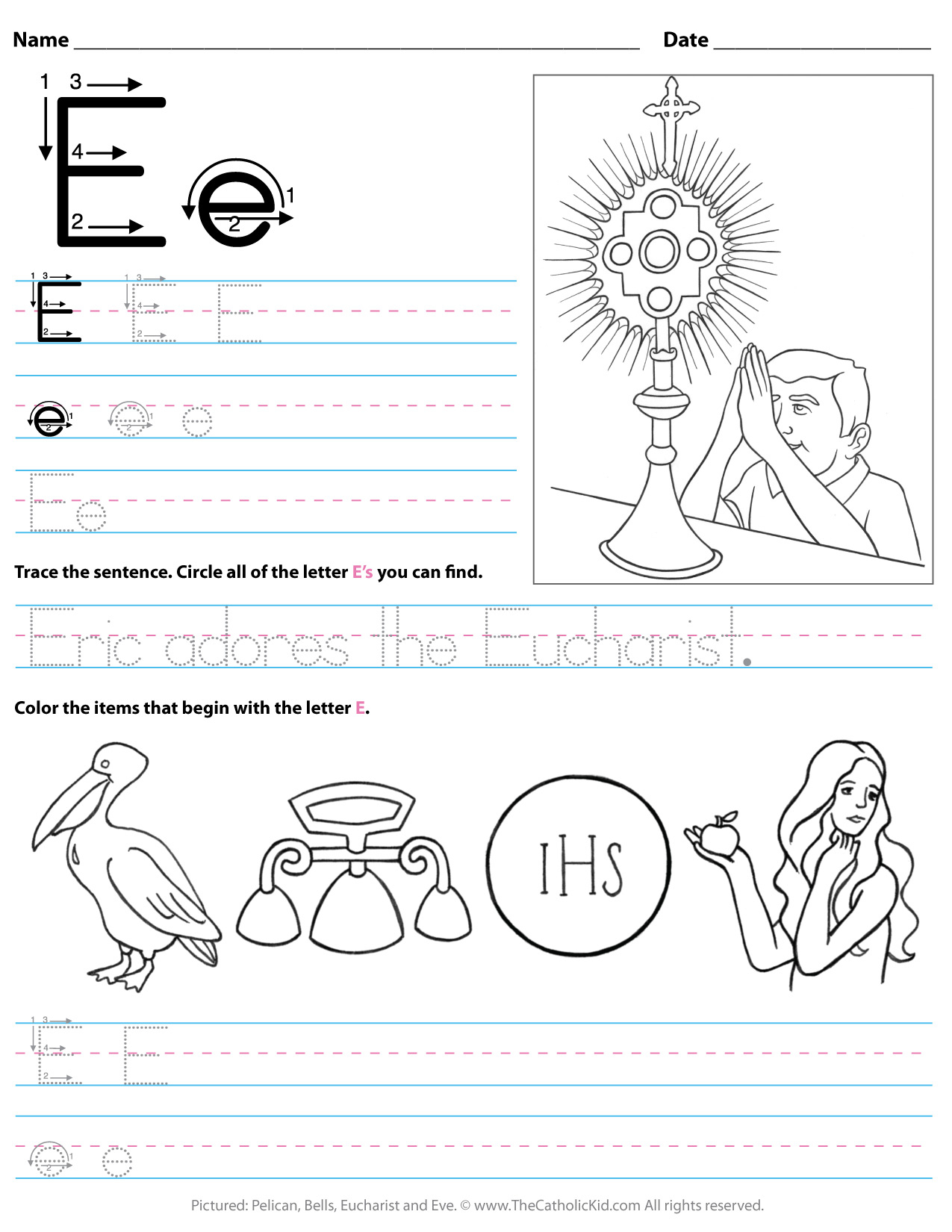 Catholic Alphabet Letter E Worksheet Preschool Kindergarten intended for Letter I Worksheets For Preschool