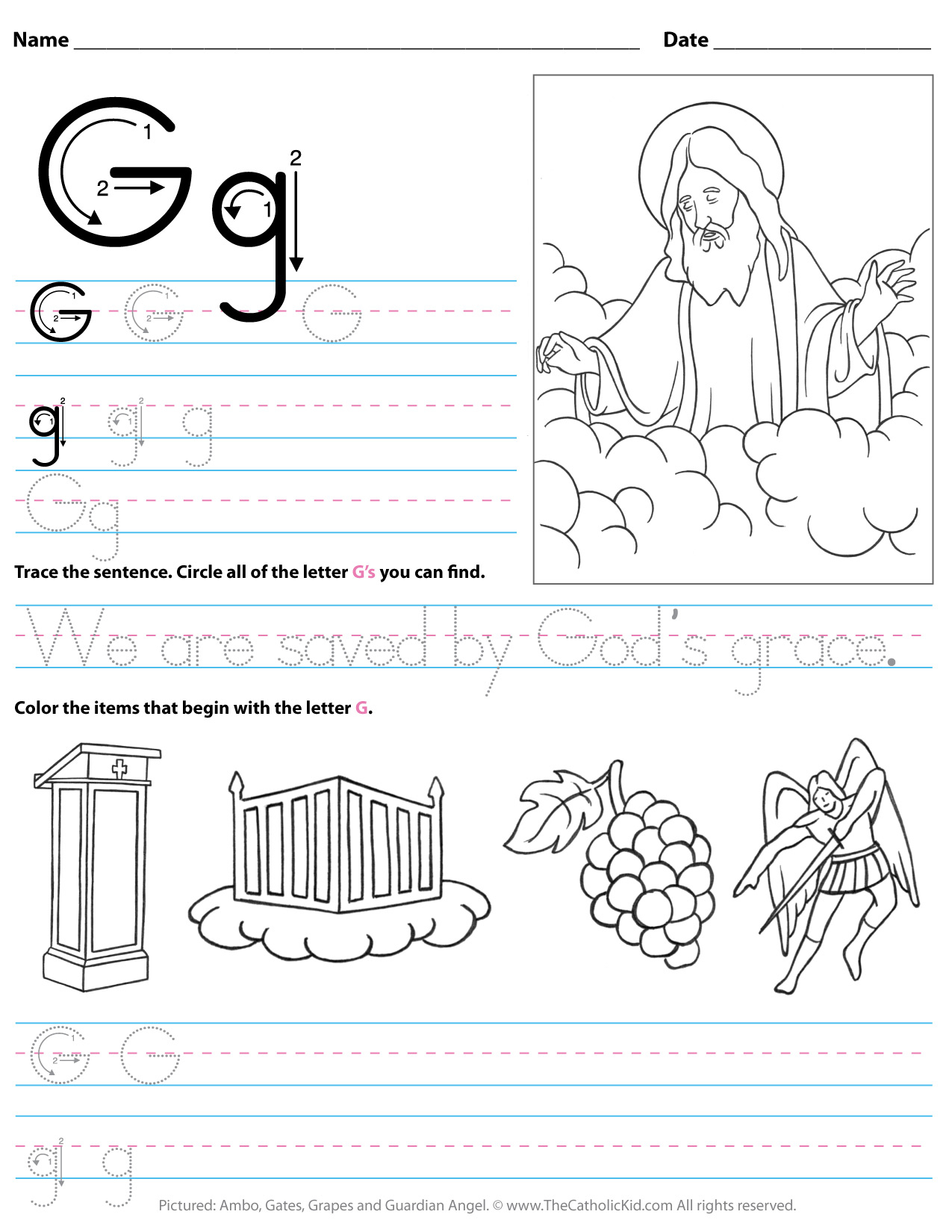 Catholic Alphabet Letter G Worksheet Preschool Kindergarten within Letter G Worksheets For Kindergarten