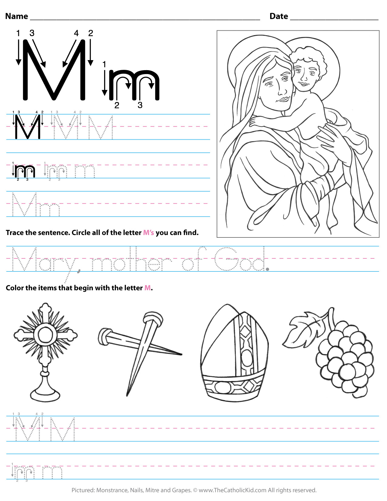 Catholic Alphabet Letter M Worksheet Preschool Kindergarten with regard to Letter M Worksheets For Kindergarten